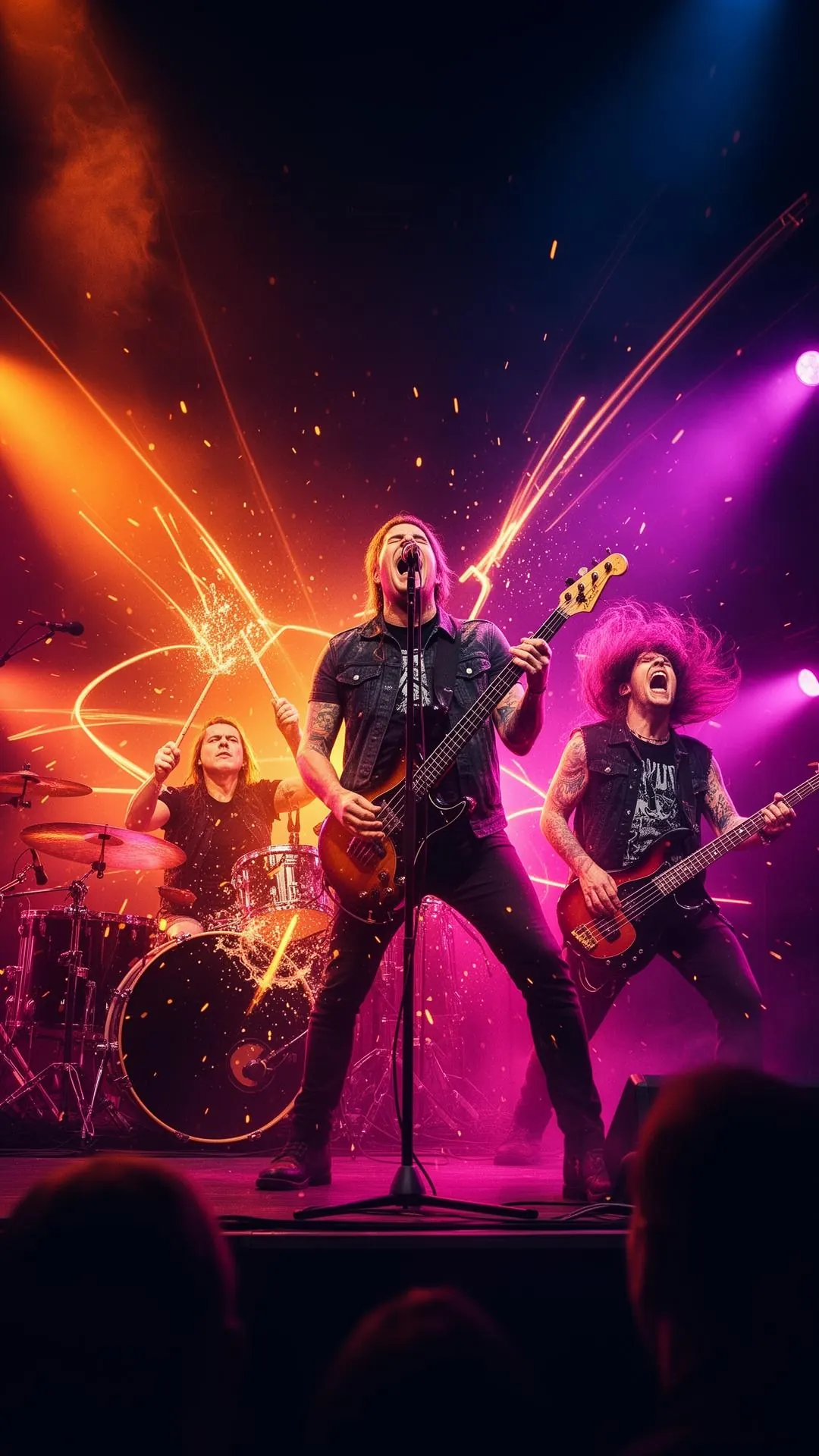 Power trio em show ao vivo com luzes neon